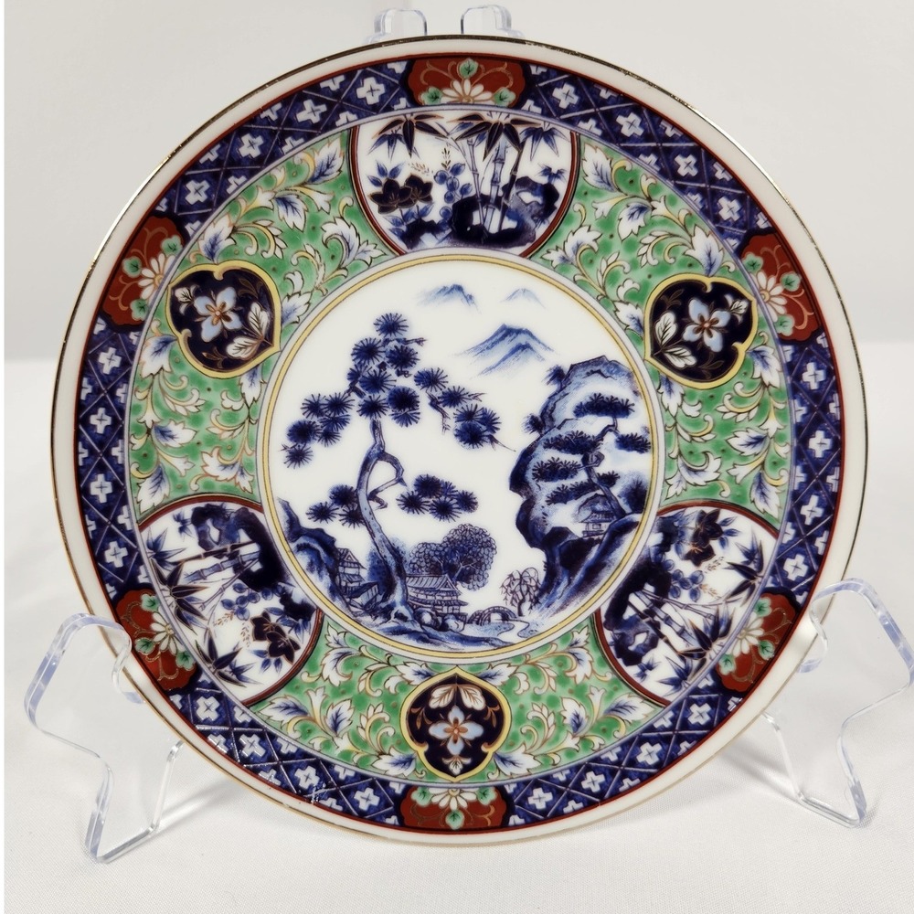 VTG‎ Imari Japanese 6.25" Decorative Plate Blue Landscape Center Gold Trim